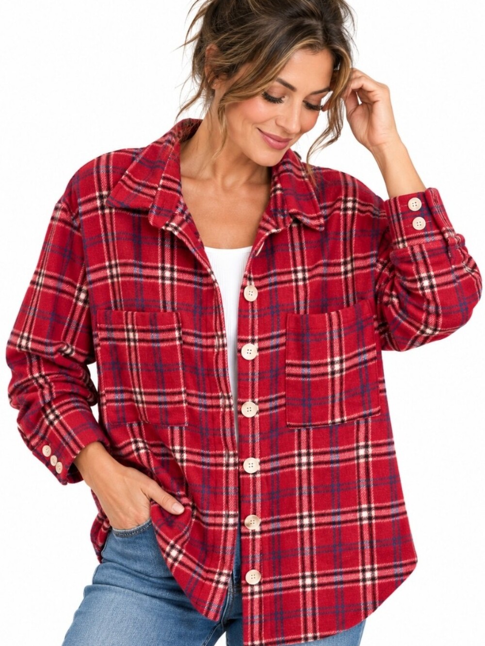Jodifl Women’s Large Red Plaid Button Down Flannel Shirt Jacket Shacket